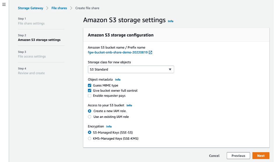 Amazon S3 storage settings in the Storage Gateway console for the file share being created