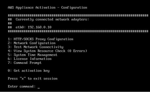 Screenshot of the console of the local gateway VM after successful login presenting main menu and also showing current network adapter with IP address