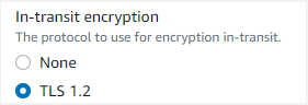 Figure 1 shows enabling Amazon EFS In-transit encryption as part of a DataSync EFS location from the DataSync console.