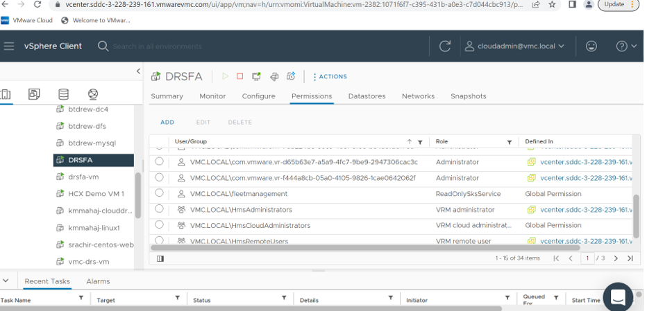 Figure showing details of the VMware on Cloud SDDC role with permissions used by the Elastic Disaster Recovery failback client