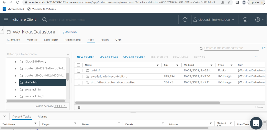 Figure showing details of the VMware on Cloud Datastore used by the Elastic Disaster Recovery failback client containing the iso files for the client