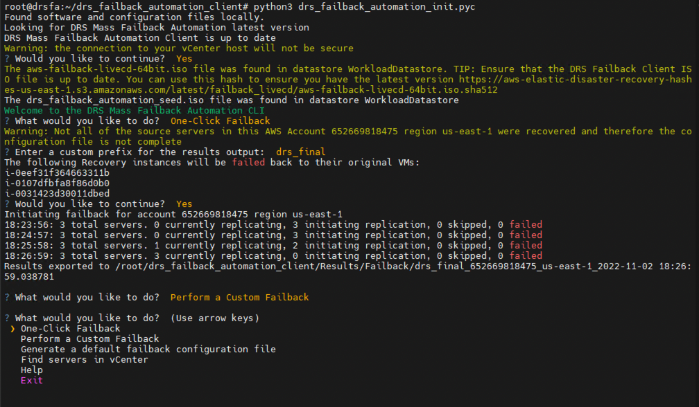 VMC VM shell showing ready to initiate failback from Amazon EC2 recovery instances