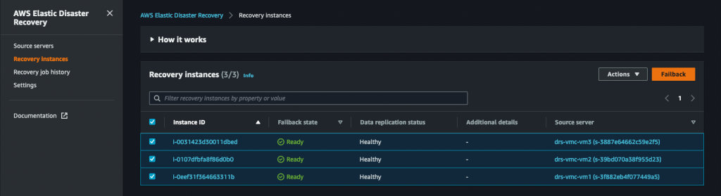 図 9: Failback state が‘ Ready ’、Data replication status が‘ Healthy ’であることを確認しながら、Elastic Disaster Recovery コンソールで Amazon EC2 リカバリインスタンスを選択してフェイルバックを実行