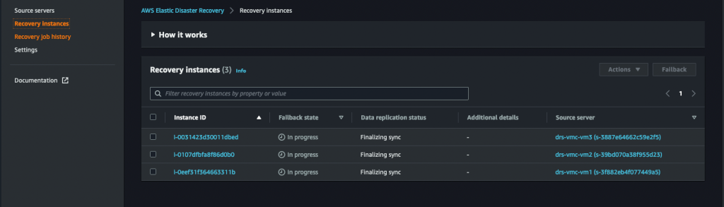 図 10: フェイルバックの進捗状況を示し、Failback state が ' In Progress '、Data replication status が ' Finalizing sync ' と表示されており Elastic Disaster Recovery コンソール