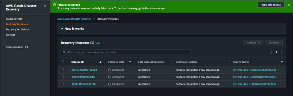 図 11: Elastic Disaster Recovery コンソールでフェイルバックが正常に完了し、Failback state が ' Completed '、Data replication status が 'Completed' と表示