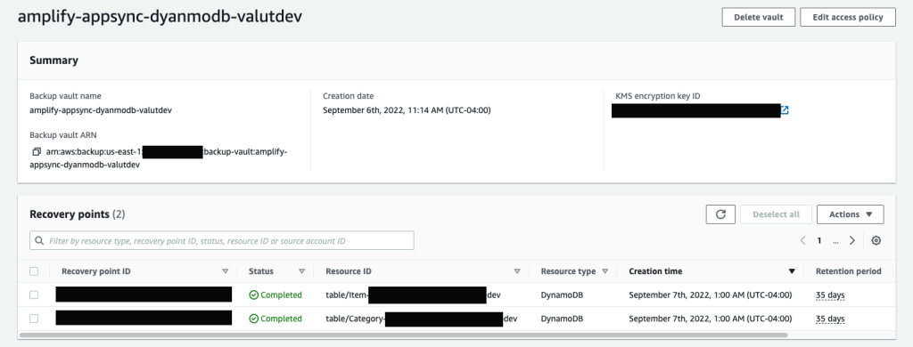 image of first day vaulted restore points from daily backup plan schedule