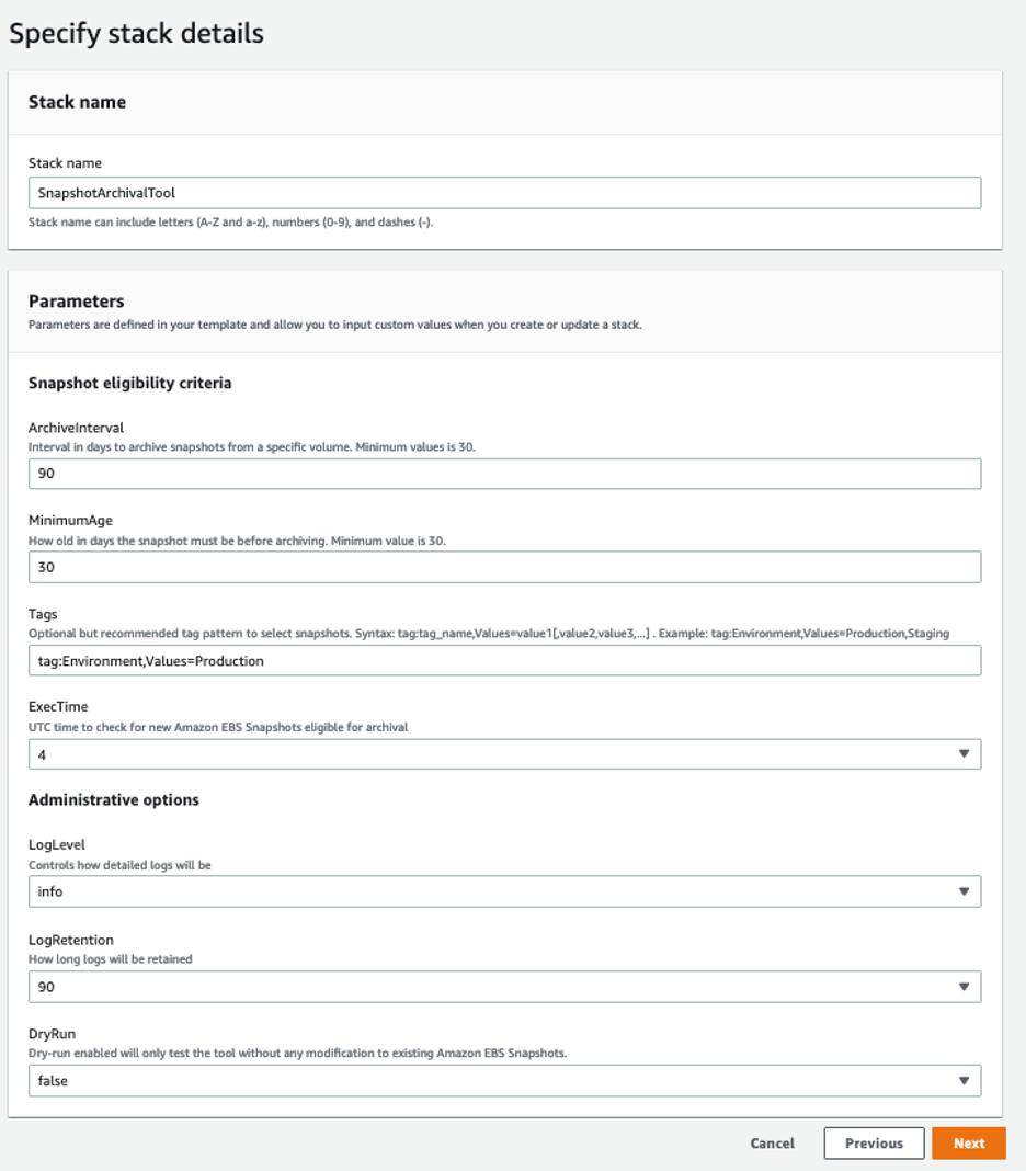 Inputs to specify stack parameters to to determine snapshot eligibility for archival and the operational options of the tool