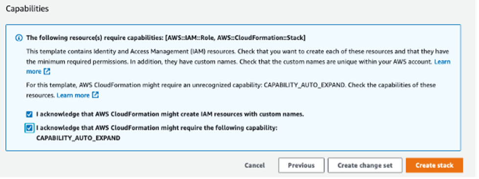 Select options to acknowledge AWS CloudFormation to create IAM resources and Auto Expand