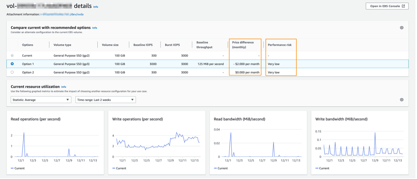 EBS volume details page in Compute Optimizer Console. 