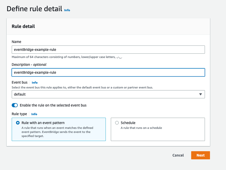 Give your EventBridge rule a name, an optional description, an event bus and a rule type that will run based on the matching event pattern.