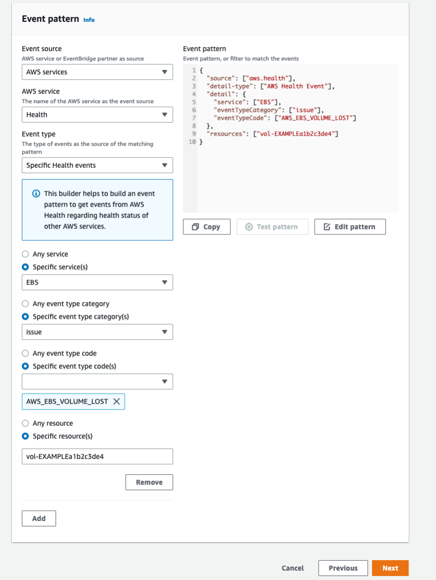 Define parameters to set alarms for. For this blog, we select EBS as the service and event type as AWS EBS VOLUME LOST.