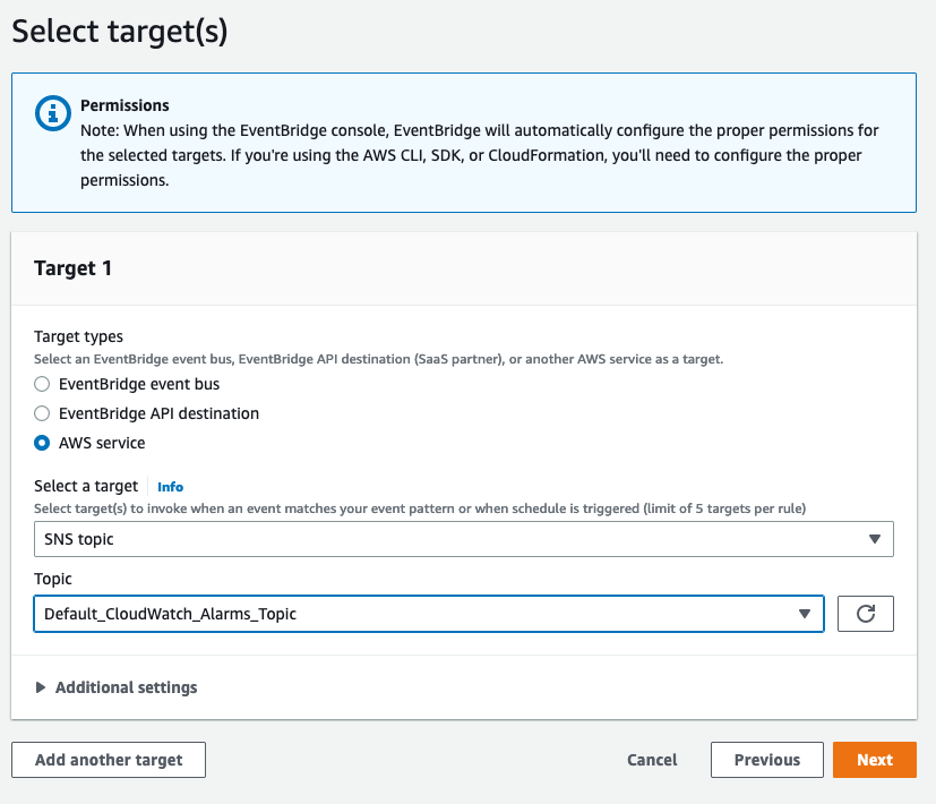 This image shows how an SNS topic can be set up as a target to the alarm.