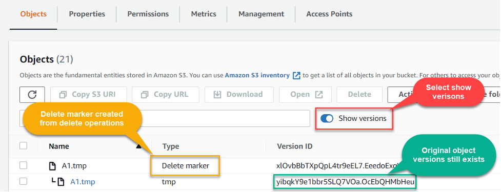 How versioning and delete markers work in Amazon S3. How you can identify the delete marker and check the version ID.