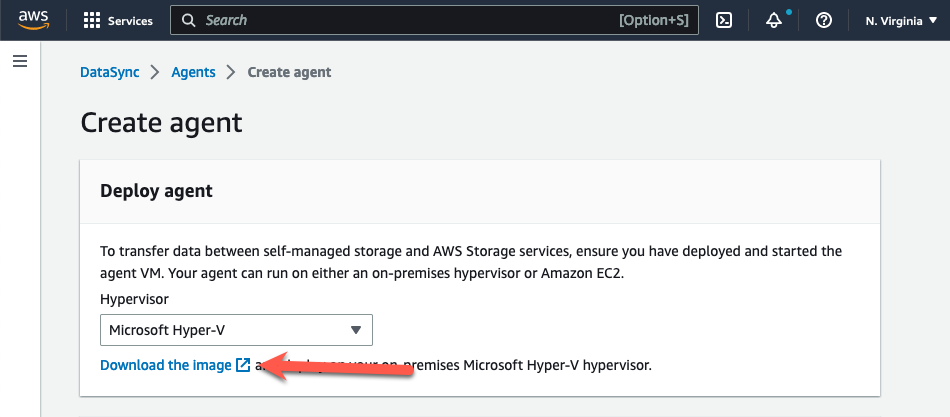 The AWS Management Console displays the Create agent settings with the download link for the agent image highlighted.