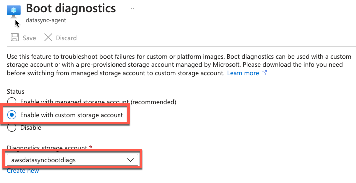 The Azure console displays the Enable with custom storage account selected along with a specified diagnostics storage account.