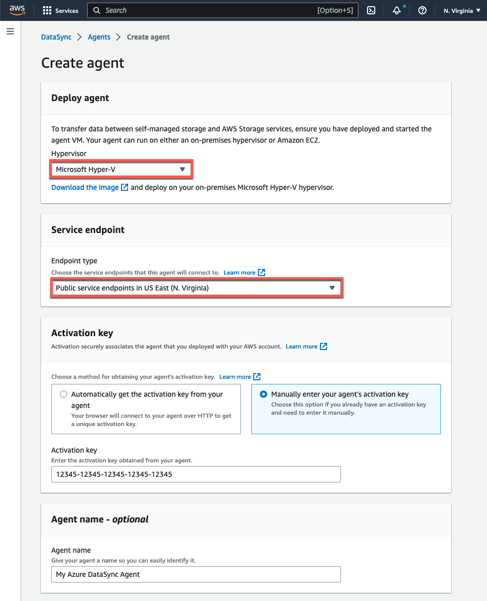 The AWS Mangement Console displays the Create agent settings. The settings correspond to Microsoft Hyper-V and a public service endpoint in the us-east-1 region.