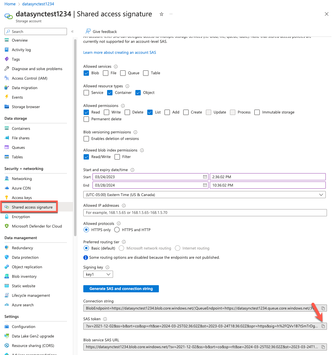 The Azure console displays the shared access signature settings with the Shared access signature menu item and SAS token selected.