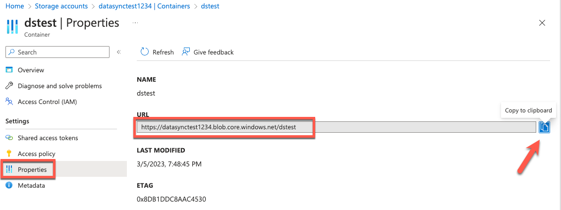 The Azure console displays the dstest blob container settings with the container URL selected.