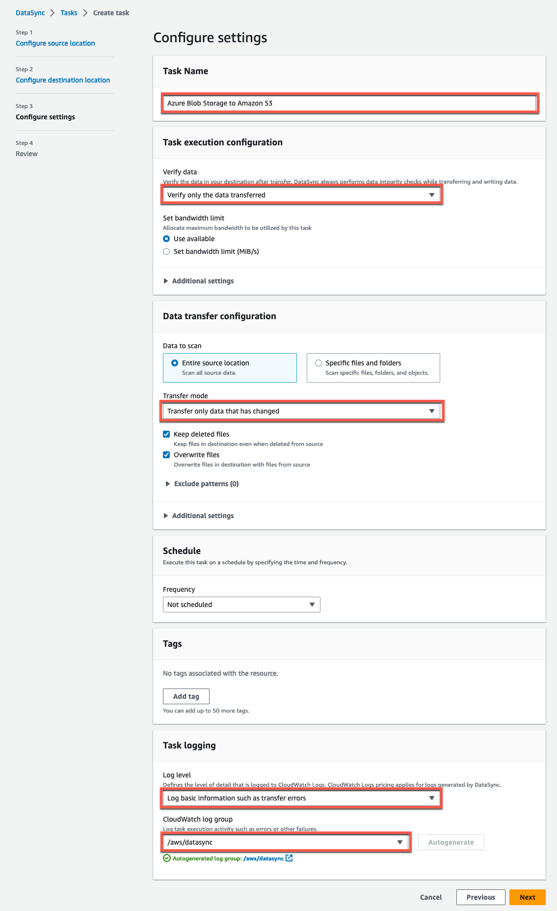 DataSync task configure settings