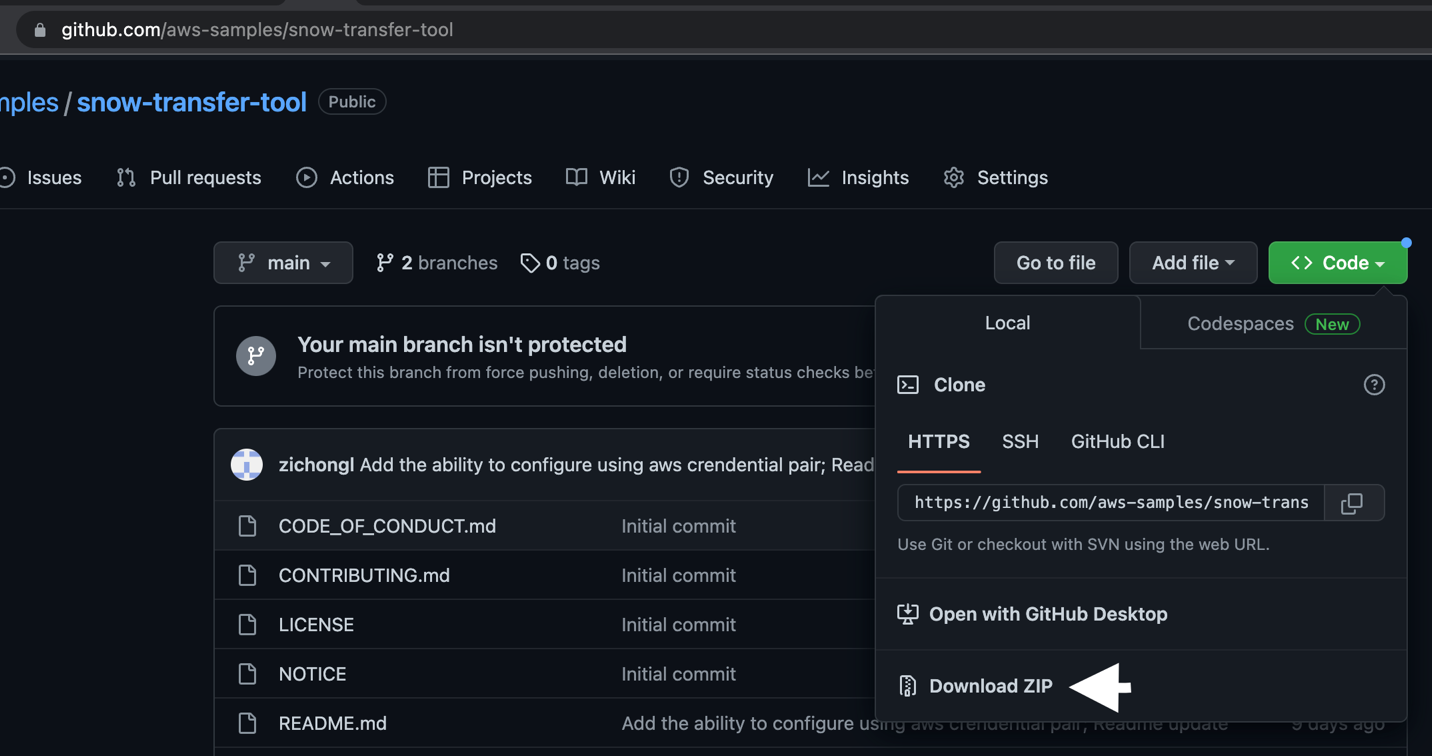 Image depicting the process to download the ZIP archive containing the code for the the snow-transfer-tool. URL for ZIP archive at time of writing: https://github.com/aws-samples/snow-transfer-tool/archive/refs/heads/main.zip