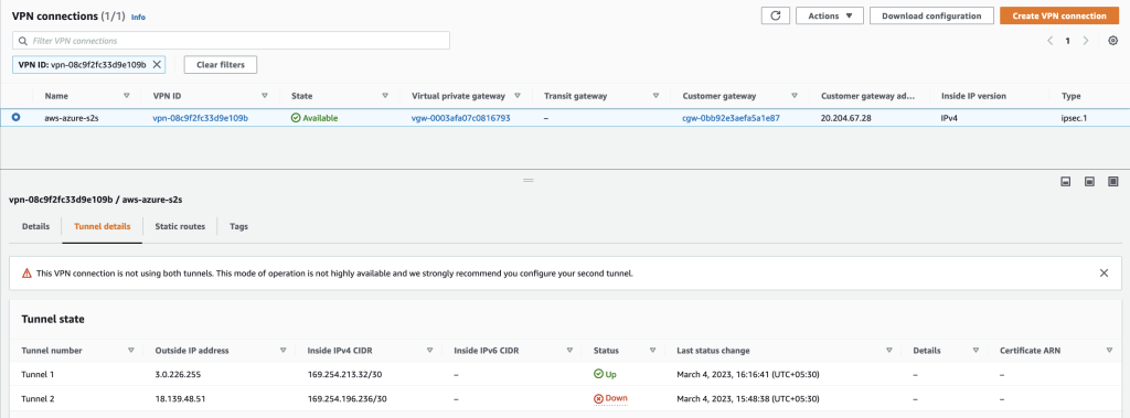 AWS connection status UP