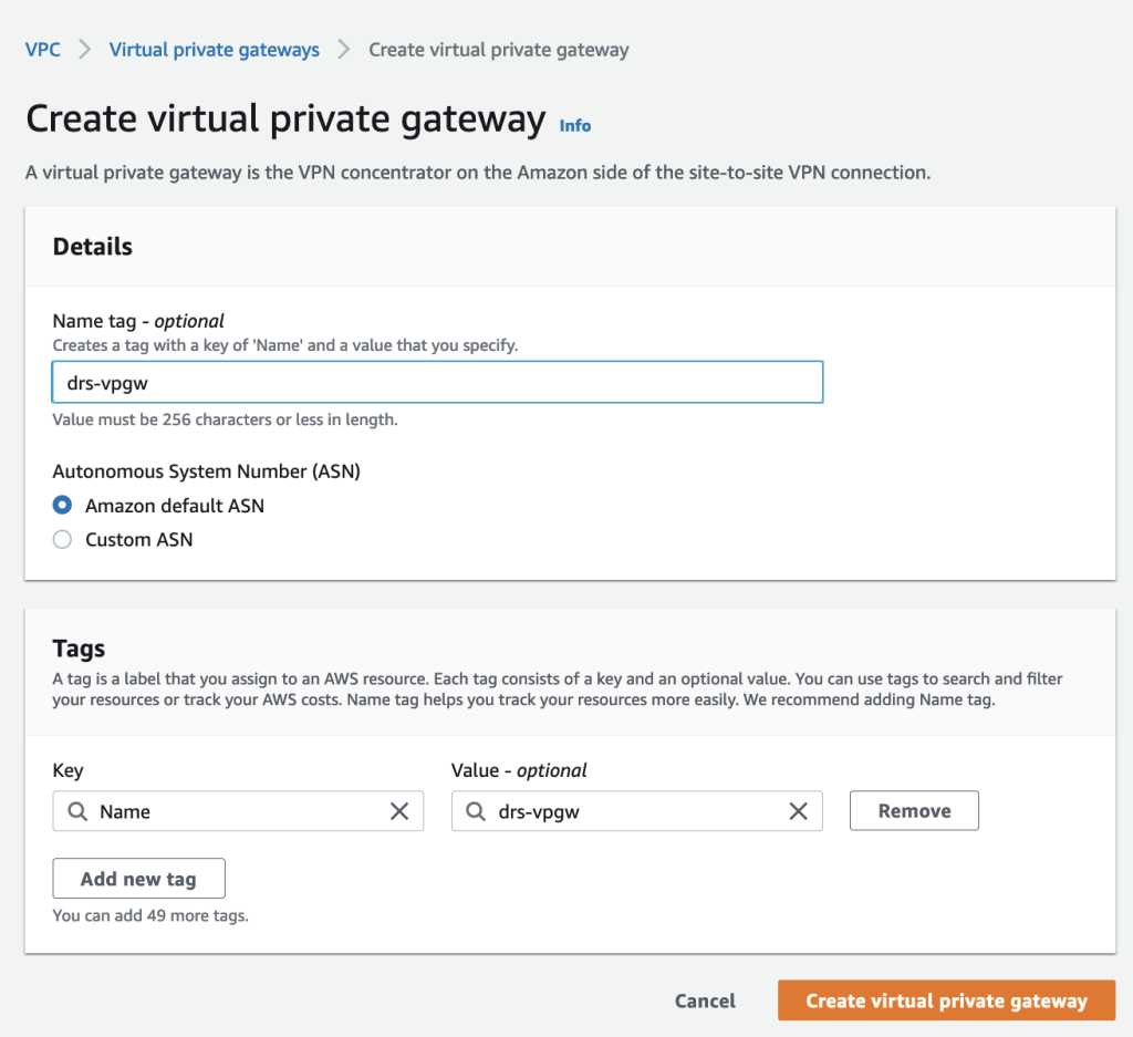 AWS virtual private gateway creation