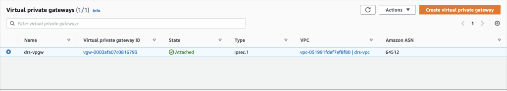 AWS virtual private gateway successfully attached state