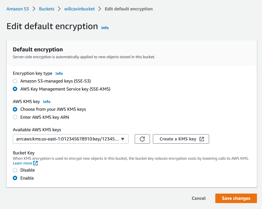 Figure 3 Example default encryption configuration to enable S3 Bucket Keys