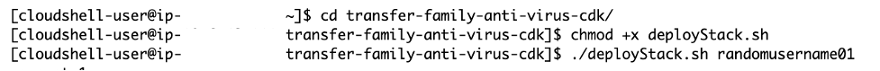 Screenshot depicting the instructions to change directory, change access modifications for the deployStack shell script and running the deployStack shell script