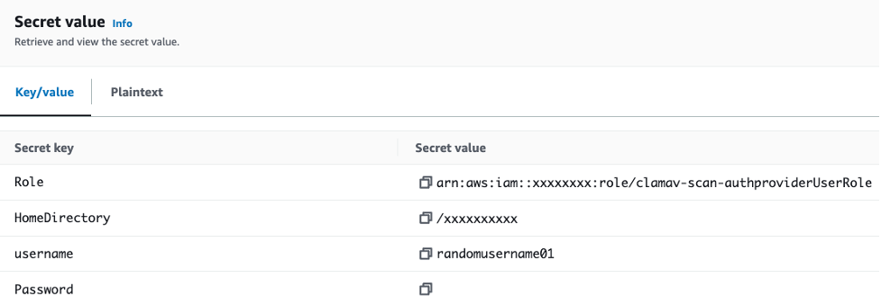 AWS Secret Manager retrieved secret value containing role, home directory, username and Password