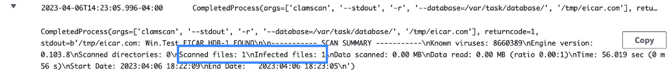 Screen capture indicating the logs generated for an infected file in Amazon CloudWatch