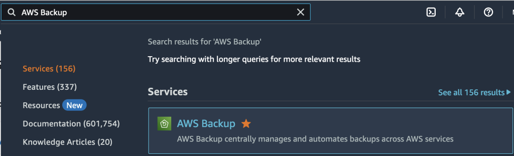 AWS Backup console