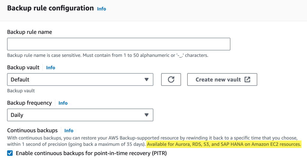 Backup rule configuration section, showing that Aurora is now an available option when selecting continuous backup