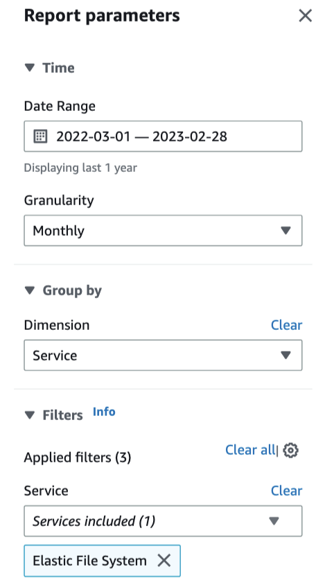 Reporting parameters for Amazon EFS Storage report (includes all storage classes)