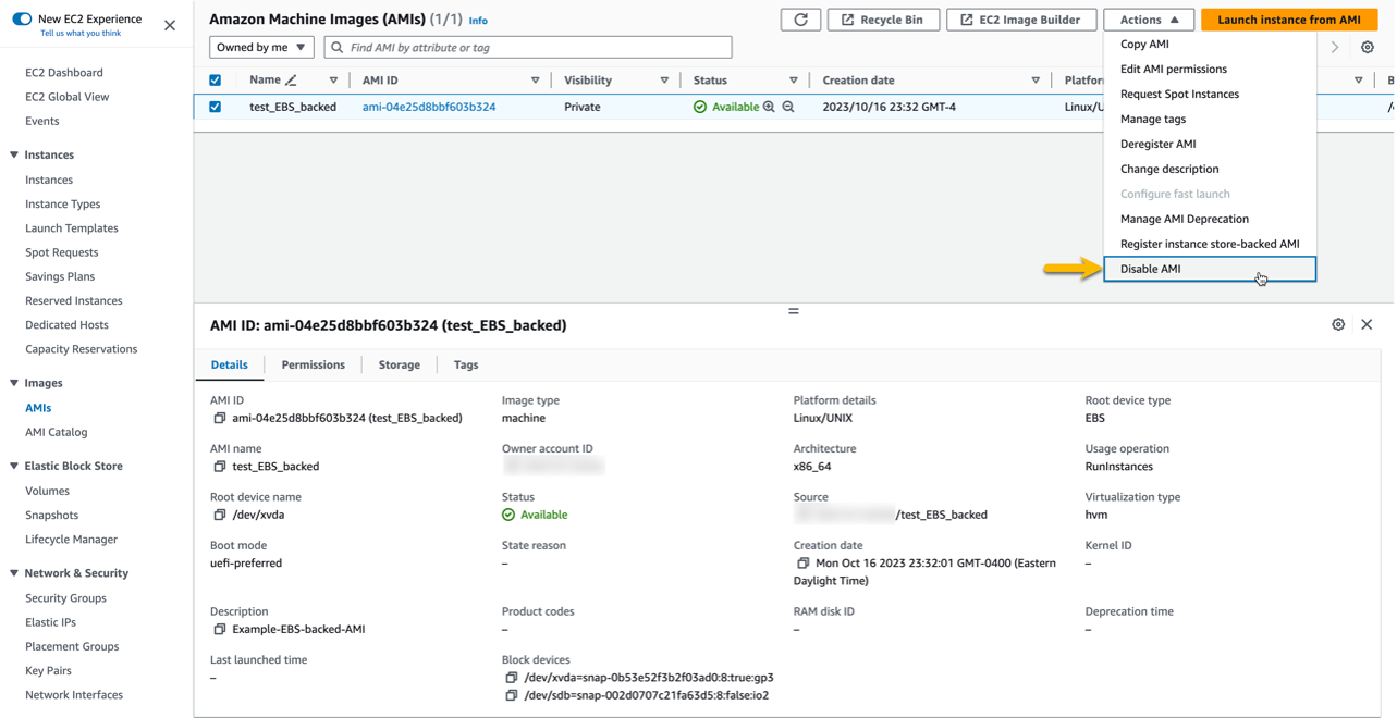 Screenshot that shows the Amazon Machine Images control plane on EC2 console