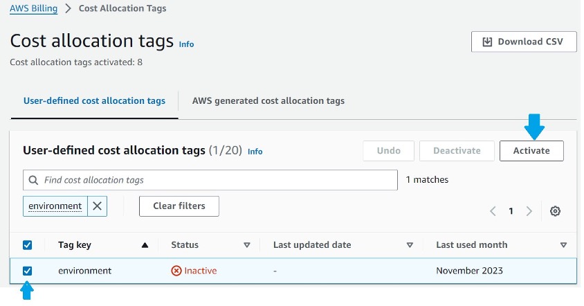 Screenshot showing activating tags in Cost allocation tags interface in AWS Billing console