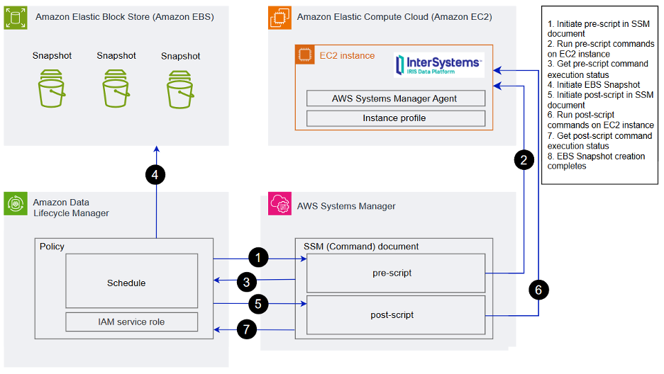 Architecture diagram for automating application-consistent EBS Snapshots for InterSystems IRIS databases.