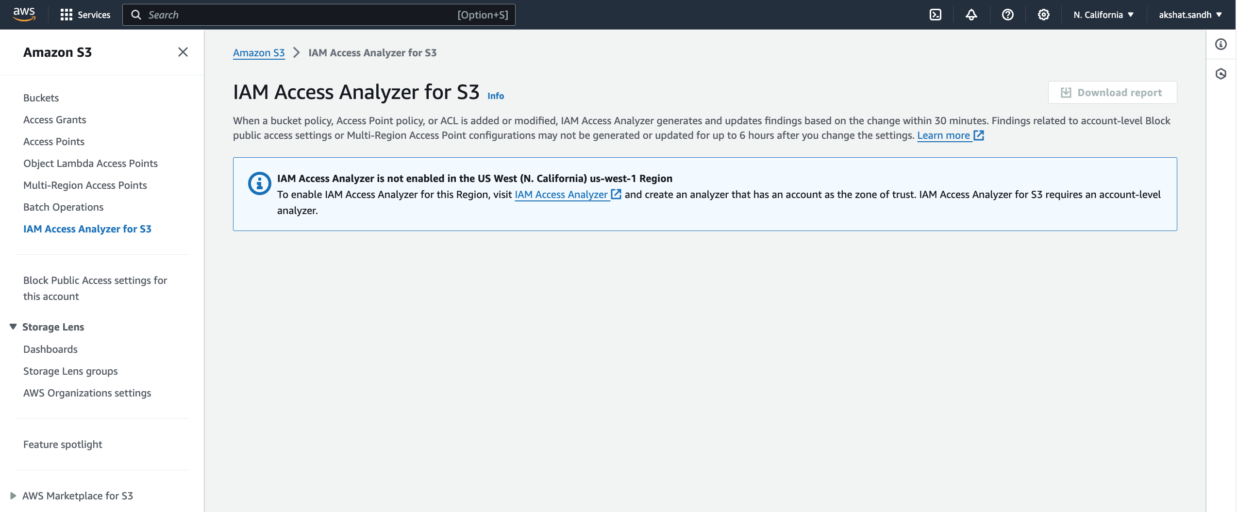 Figure 1- IAM Access Analyzer page for S3, before IAM Access Analyzer has been enabled for the region