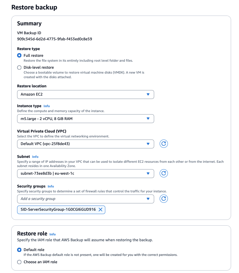 Figure 1.0 AWS Backup restore backup wizard