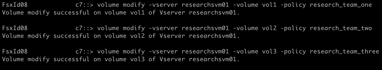 Figure 8: Screenshot of the CLI commands modifying a volume export policy