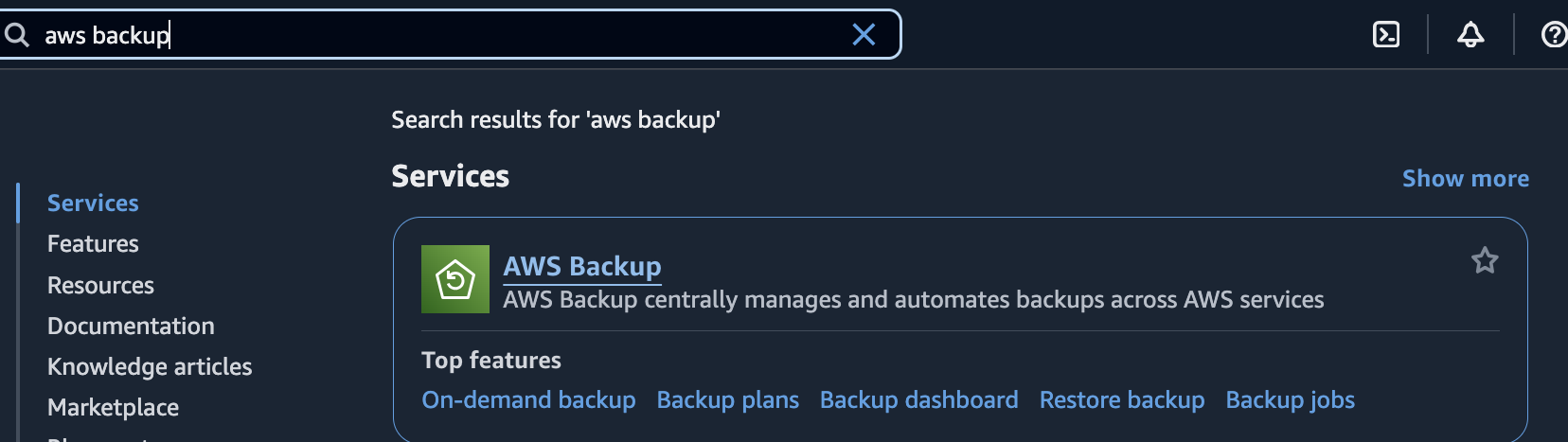 Figure 1: Select AWS Backup from Services