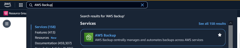 Figure 1.0 search for AWS backup in the console