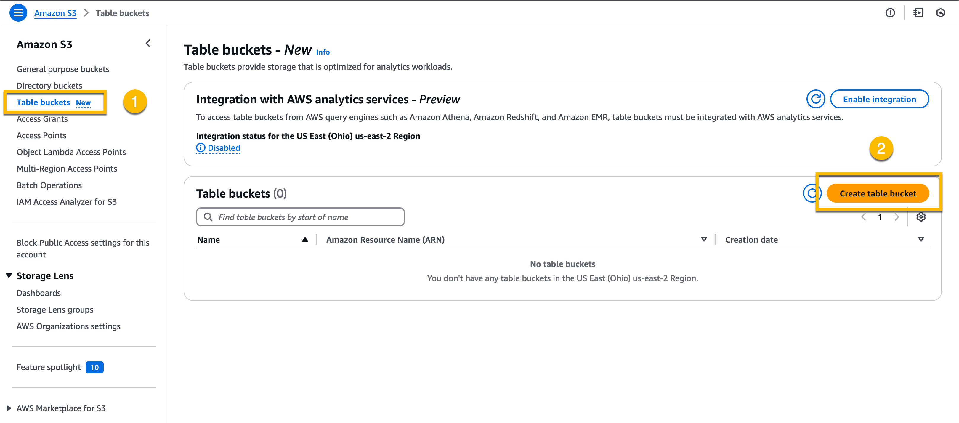 Selecting Table buckets and Create table bucket in AWS Console