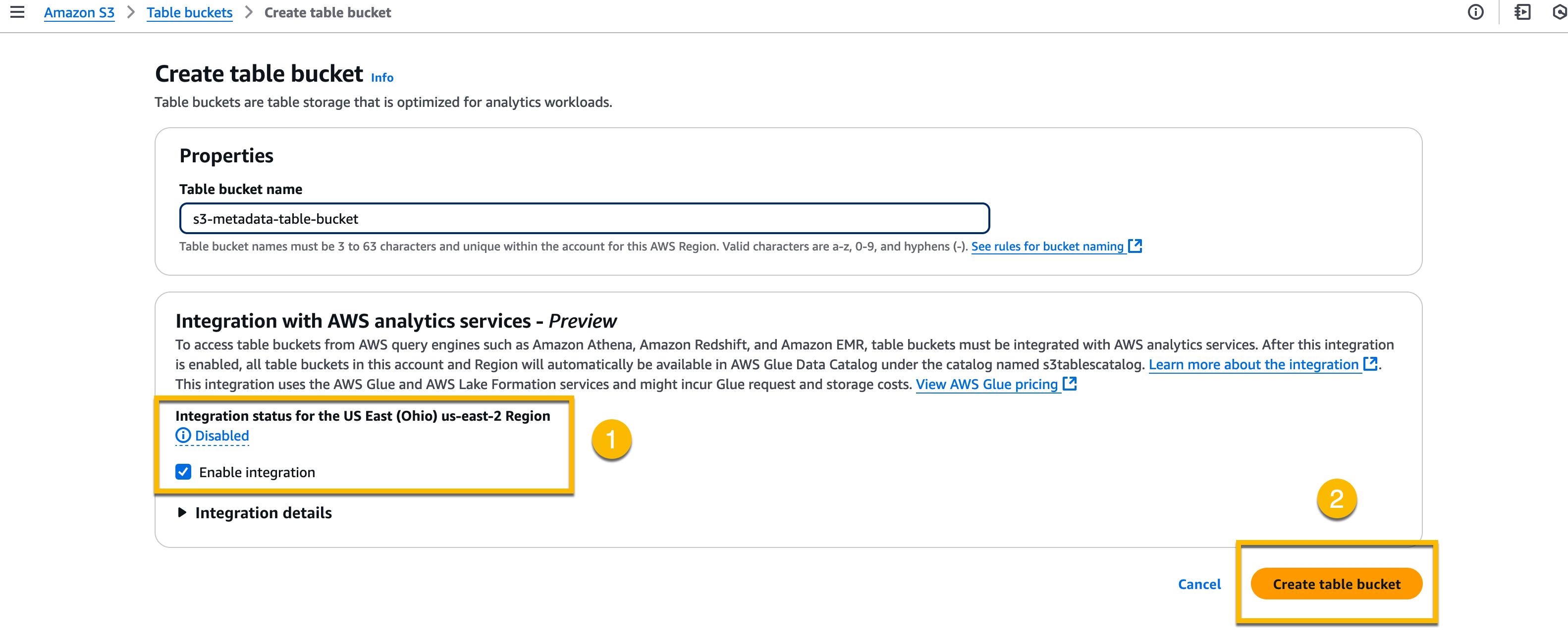 Entering Table bucket name, enabling analytics services integration, and selecting create table bucket