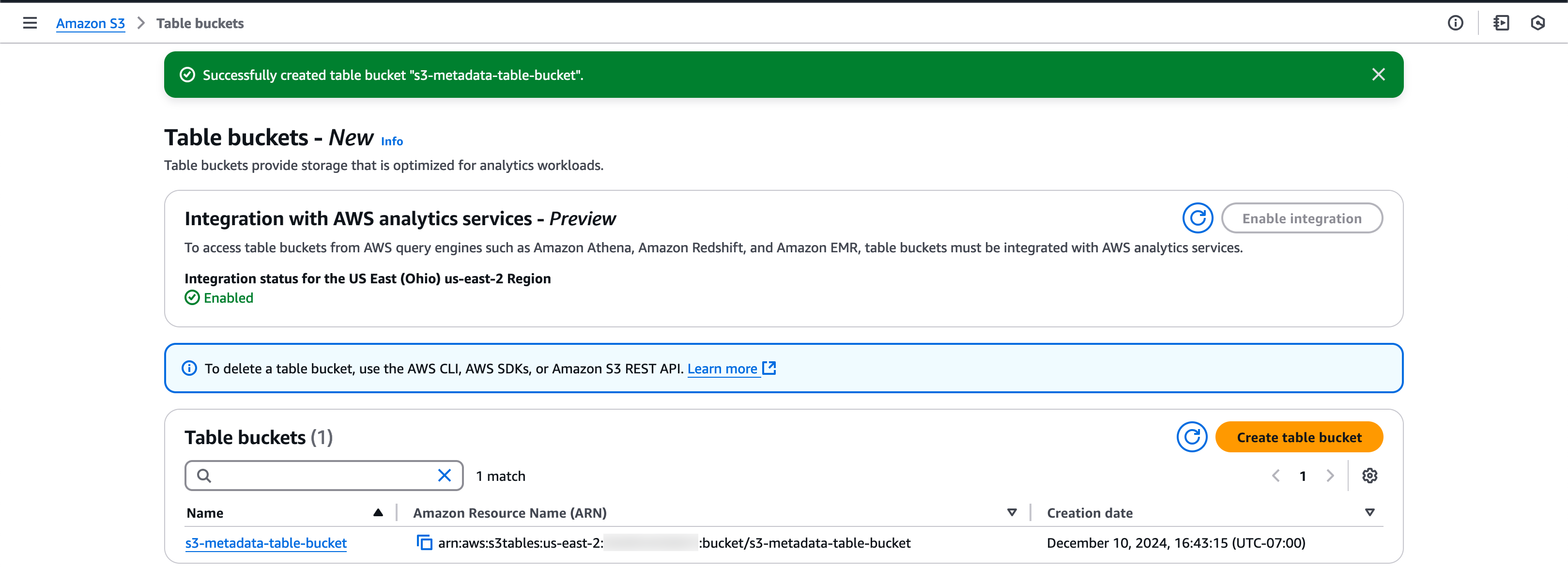 Successful creation of table bucket