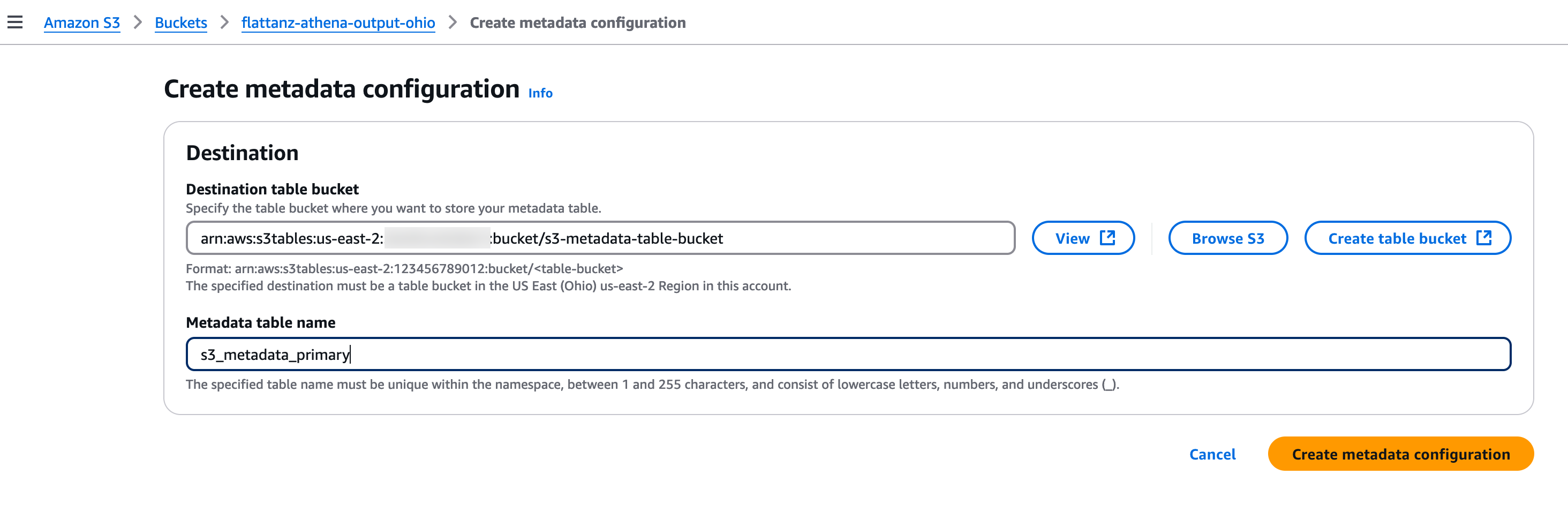 Create metadata configuration menu showing destination table bucket and metadata table name