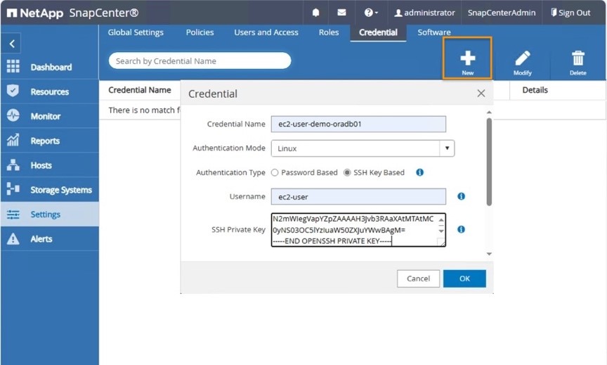 Figure 2 – SnapCenter Adding SSH Key based credentials