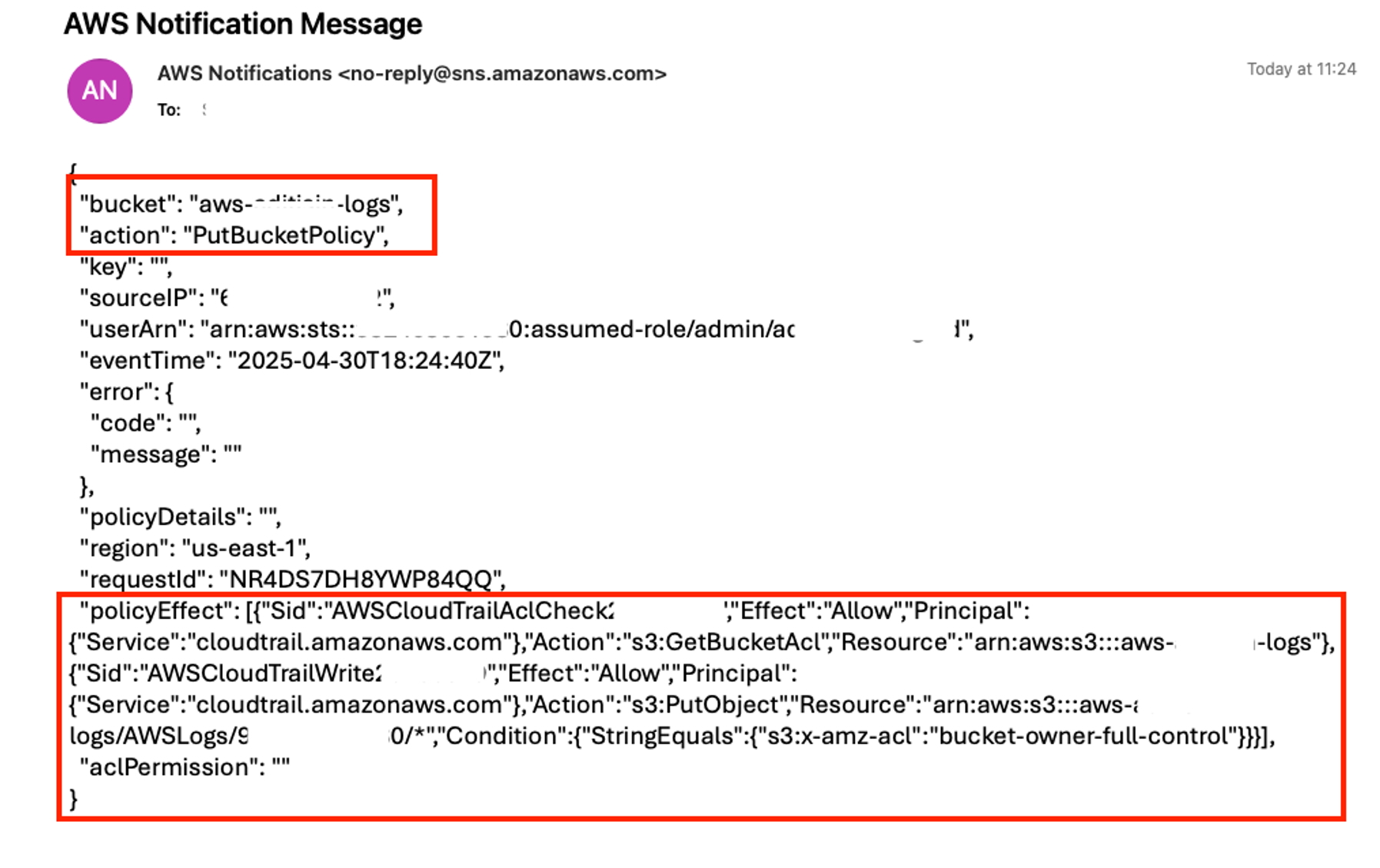 S3 bucket policy change email notification