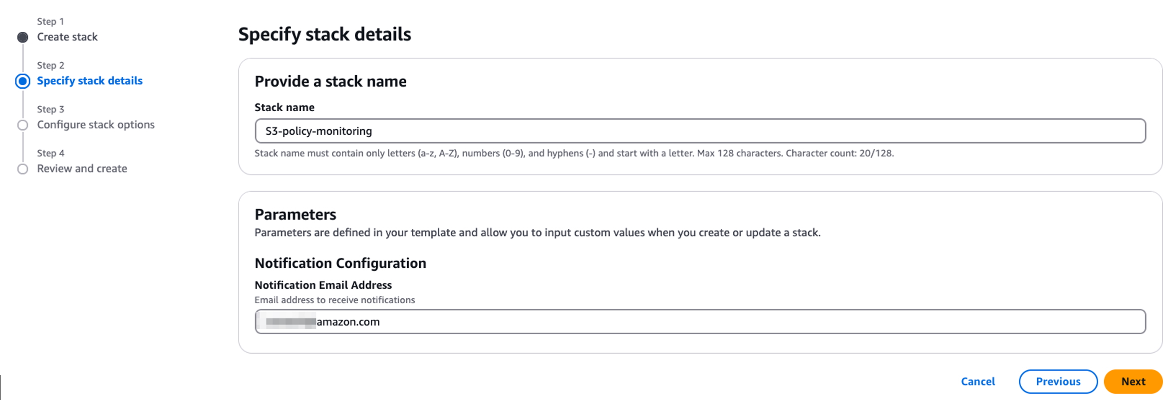 Instruction for stack name and email address
