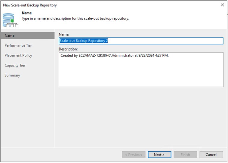 AWS Scale-out Backup Repository creation wizard displaying name input, description field, and configuration navigation options